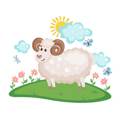 Cute Ram on a meadow with flowers.