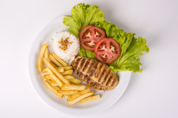 Chicken Breast Fillet with French Fries, Rice and Salad