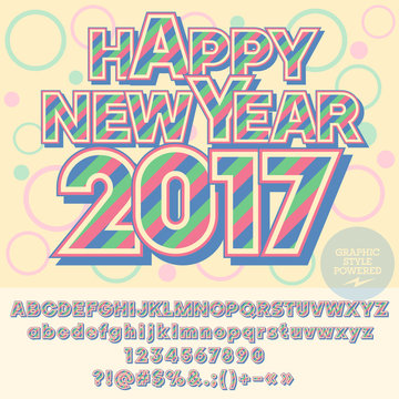 Vector Happy New Year 2017 greeting card with set of letters, symbols and numbers. File contains graphic styles