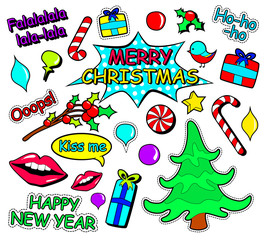 Set of of different Merry Christmas and new year stickers or magnets in Pop Art Comic Style. cartoon celebration elements in 80s, 90s comic style.Vector illustration. holidays sticker label.