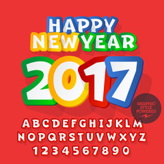 Vector funny sticker Happy New Year 2017 greeting card with set of letters, symbols and numbers. File contains graphic styles