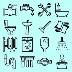 Plumbing service icons set made in line art style.