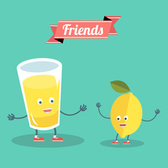 Funny lemon with glass of lemonade friends forever. Vector illustration