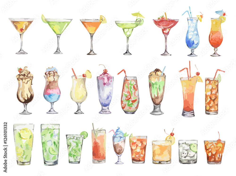 Wall mural watercolor cocktails set. isolated glasses with alcohol drinks on white background.