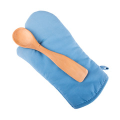 Blue pot holder with a wooden spoon isolated on white