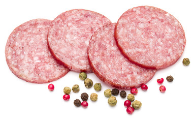 Salami smoked sausage slices and peppercorns isolated on white b