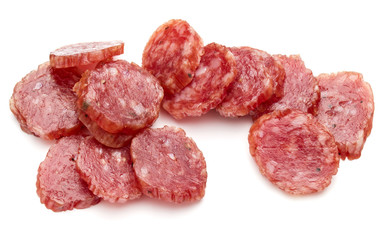 Salami smoked sausage slices isolated on white background cutout