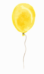 Isolated watercolor balloon on white background. Beautiful and colorful yellow balloon for decoration for holidays.