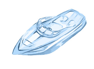 Watercolor motor boat on white background. Transportation for sea, ocean, river and other.