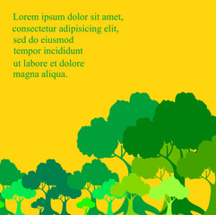 Decorative card with green trees and empty space for text.