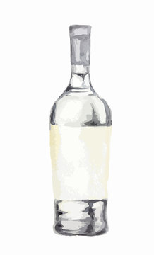 Watercolor liquor bottle on white background
