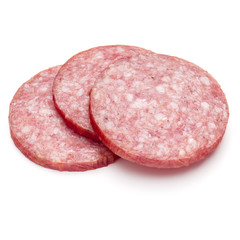 Salami smoked sausage three slices isolated on white background