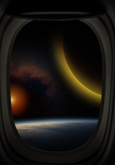 Window view of space with planet and stars.