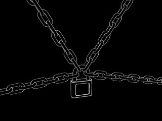 Padlock connecting chains.Isolated on black background. Sketch i