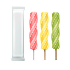 Set of Spiral Popsicle Lollipop Ice Cream Fruit Juice Ice on Stick with White Plastic Foil for Package Design Close up