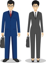 Couple of business asian man and woman standing together on white background in flat style. Business team and teamwork concept. Flat design people characters. Vector illustration.