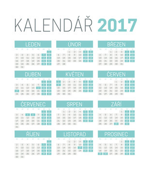 Simple Czech 2017 calendar template with Czech national holidays