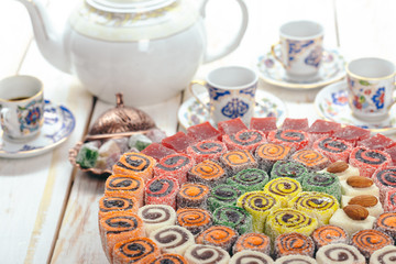  traditional eastern desserts on wooden background