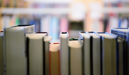 Fototapeta Public library bookshelf seen from inside obraz