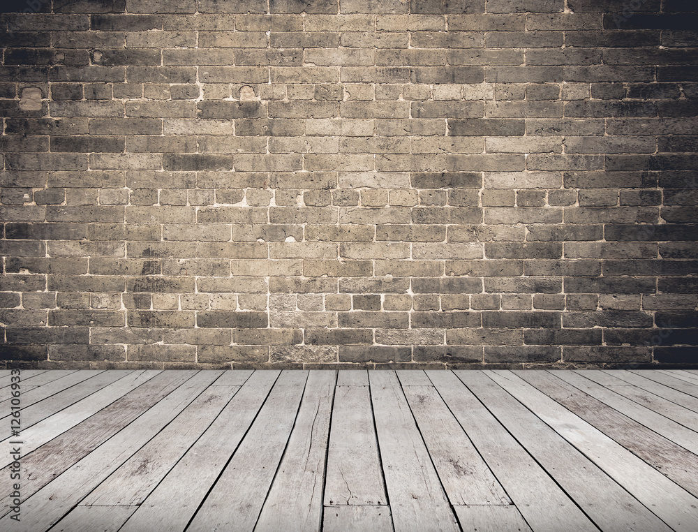 Wall mural empty room perspective,grunge brick wall and wood plank floor, m