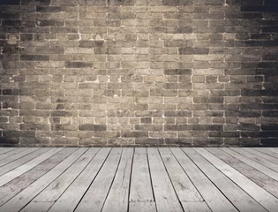 Papier Peint photo autocollant Mur de briques Perspective de pièce vide, mur de briques grunge et plancher en bois de planche, M