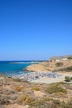 Elevated view of Boufos beach and the coastline, Sissi, Crete.