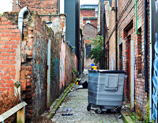 Wheelie bins in a garbage strewn alleyway