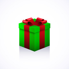 Green Gift box with red bow, vector illustration isolated on white background