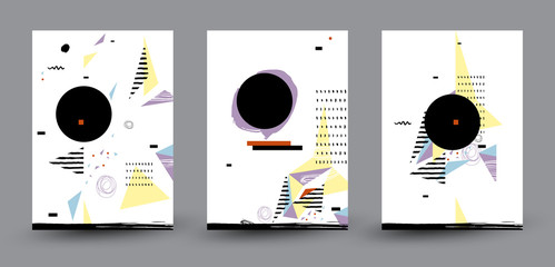Three Abstract Geometric compositions for Modern Cover Design. Black Label with Place for Logo. Standard paper size.
