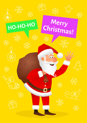 Santa Claus flat character isolated on yellow Christmas hand drawn background. Standing funny old man carrying sack with gifts, waving hand and wishing Merry Christmas. Cartoon vector illustration.