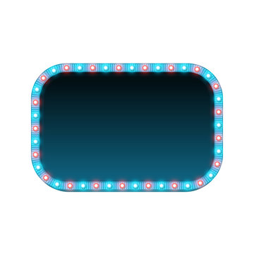 Blank 3d retro light banner with shining bulbs. Blue sign with blue and red lights and blank space for text. Vintage street signboard. Advertising frame with glow. Colorful vector illustration.