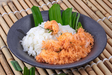 Close up,Sticky rice with stir-fried grated coconut ,shrimp