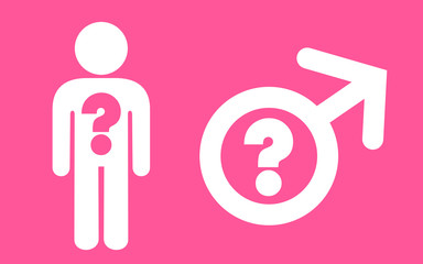 METAPHOR MEANING - Crisis of manhood and manliness - simple pink vector of male pictogram with question mark as metaphor of lost of masculinity, feminization of males and effeminacy