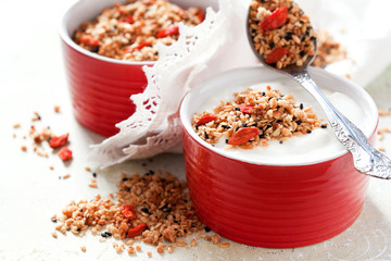 Granola with chia, flax seeds, sesame and goji berries, selective focus