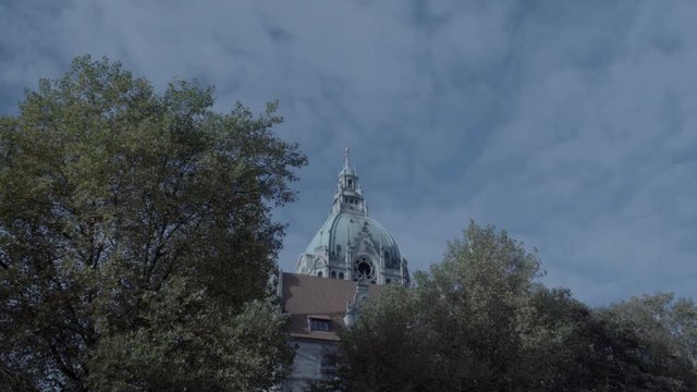 New Town Hall in Hanover, Germany. Zoom from tower in 4K and S-Log3. Medium shot. Autumn. Neues Rathaus Hannover. 