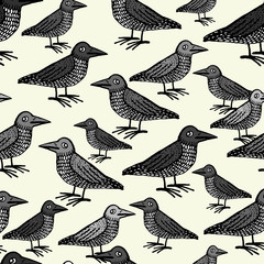 Doodle cute ravens vector seamless pattern.