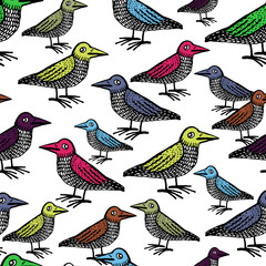 Doodle cute ravens vector seamless pattern.