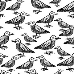 Doodle cute ravens vector seamless pattern.