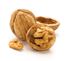 Walnuts isolated on white background. Front view.