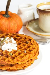 Pumpkin waffles / Autumn Breakfast on white background, selective focus