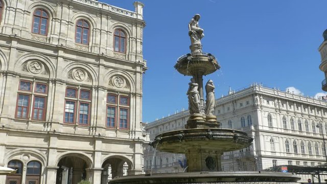 Old fountain in the city of Wien, Austria, in the center, near the Opera building, in the summer.