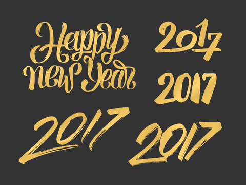 Happy New Year 2017 hand drawn calligraphy numbers set for greeting cards decoration. Typography design for Chinese Year of the Rooster. Vector illustration.