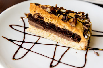 Slice of chocolate cake on plate
