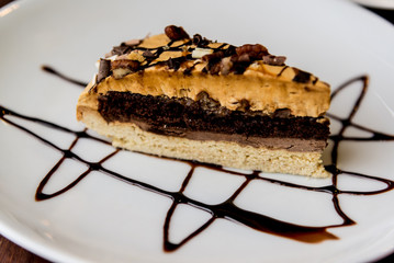 Slice of chocolate cake on plate