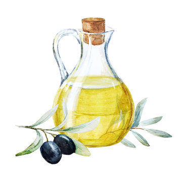 Watercolor olives and olive oil