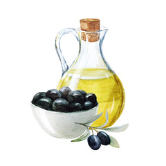 Watercolor olives and olive oil