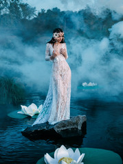 Charming, sexy lady, stands on a huge stone in water