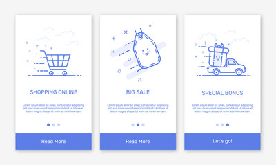 Vector Illustration of onboarding app screens and flat line web icons for e-commerce mobile apps . Modern interface UX, UI GUI screen template for mobile smart phone. Concept delivery service.
