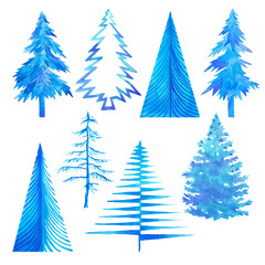 Winter set of trees and Christmas trees. winter time light blue watercolor hand painted isolated on white background.