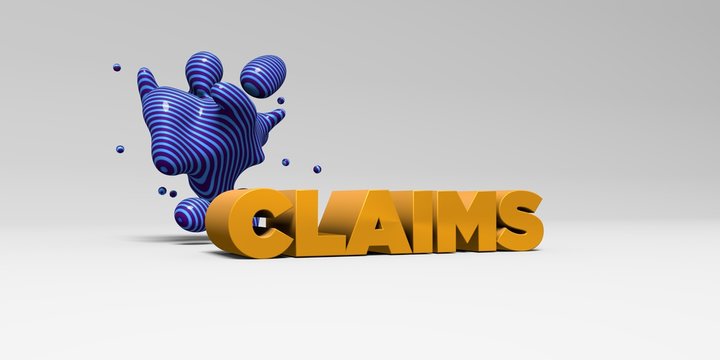 CLAIMS -  color type on white studiobackground with design element - 3D rendered royalty free stock picture. This image can be used for an online website banner ad or a print postcard.